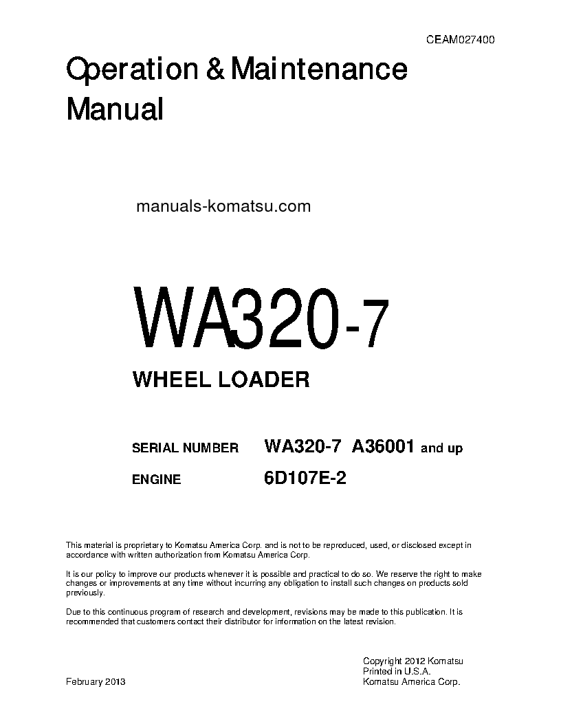 WA320-7(USA) S/N A36001-UP Operation manual (English)