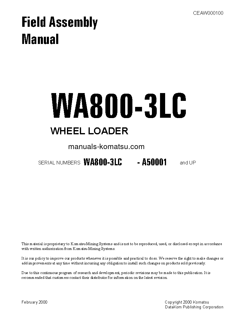 WA800-3(USA)-LC S/N A50001-UP Field assembly manual (English)