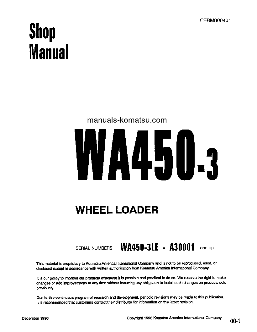 WA450-3(USA)-L S/N A30001-UP Shop (repair) manual (English)