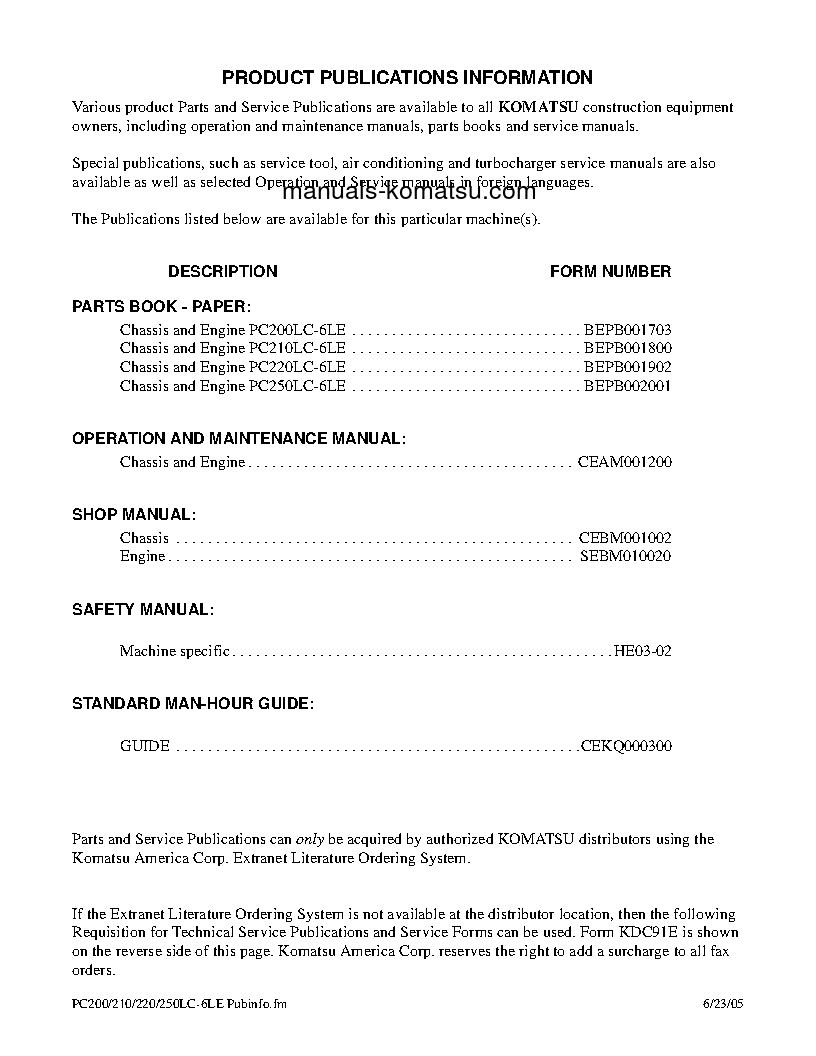 Protected: PC250LC-6(USA)-LE S/N A83001-UP Shop (repair) manual (English)