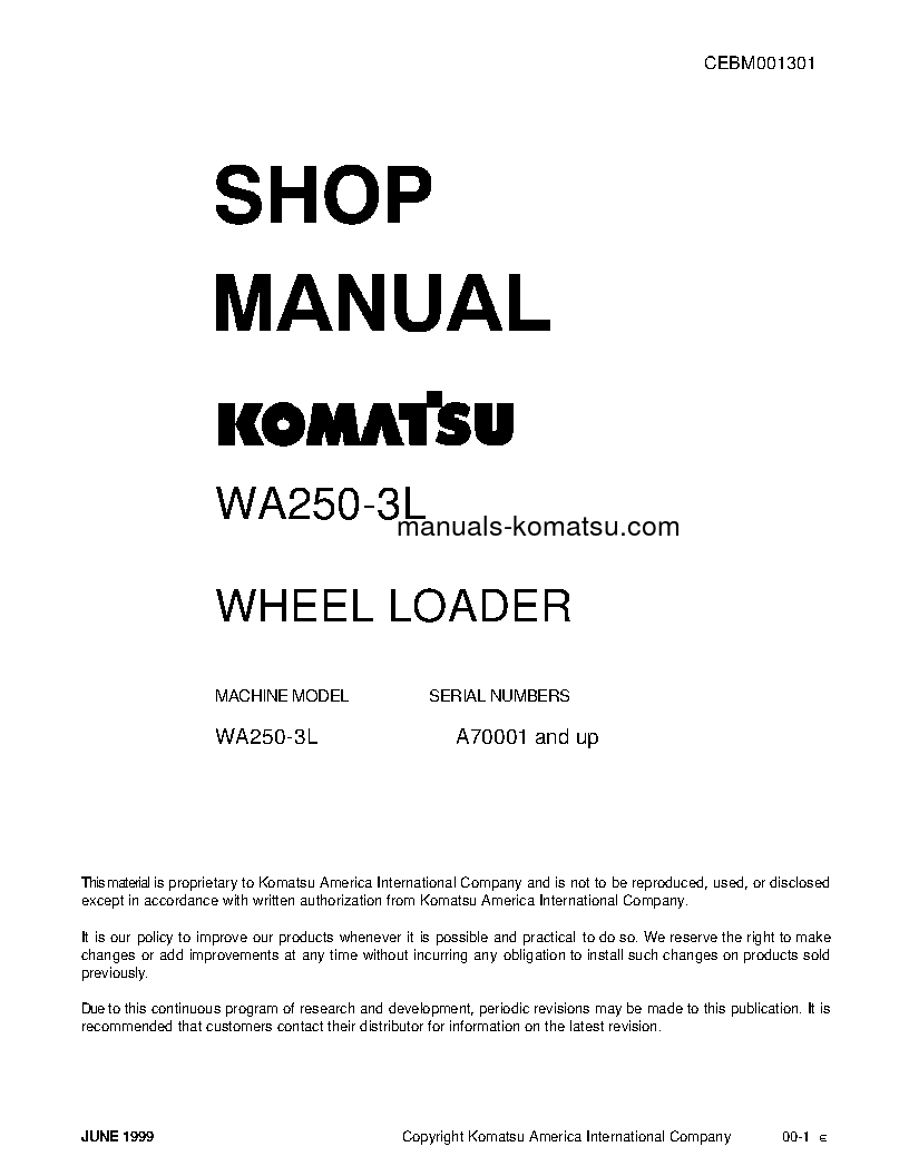 WA250-3(USA)-L S/N A70001-UP Shop (repair) manual (English)