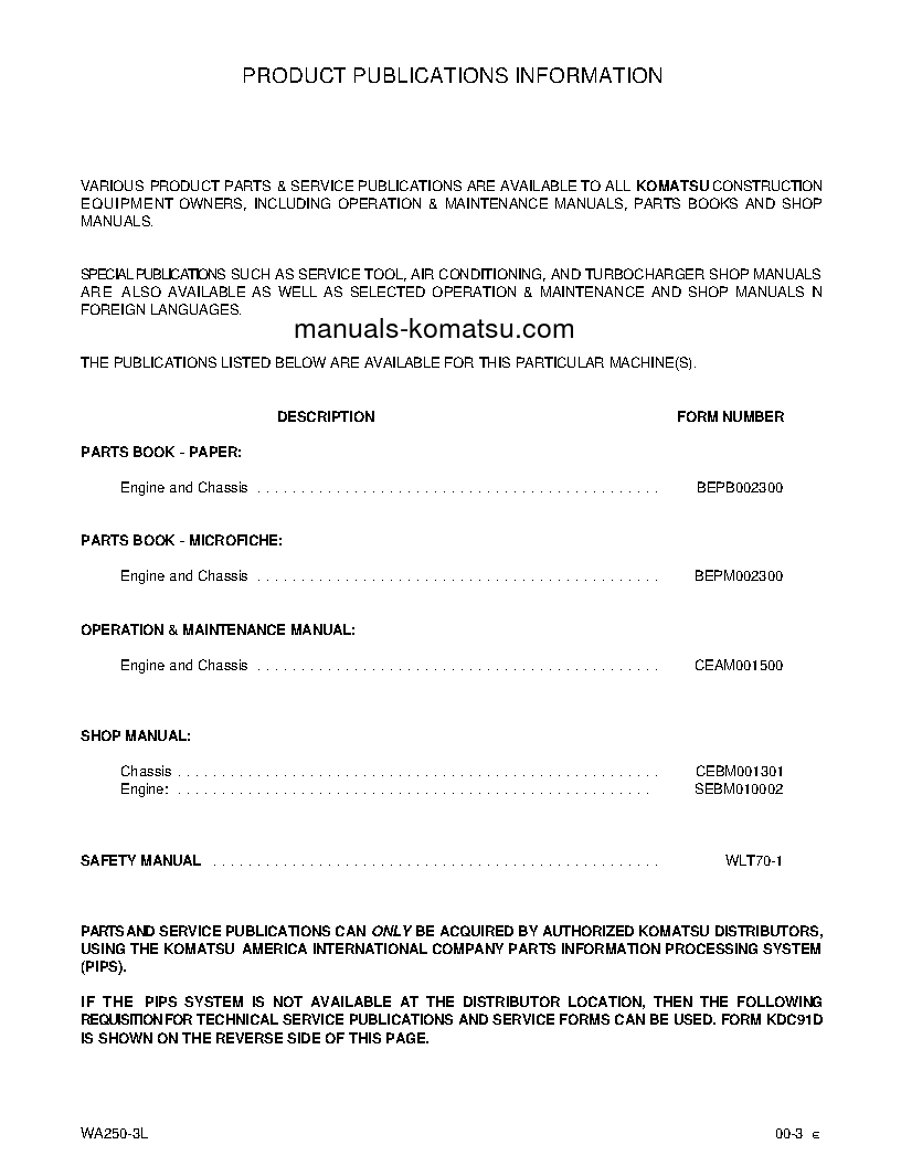 Protected: WA250-3(USA)-L S/N A70001-UP Shop (repair) manual (English)