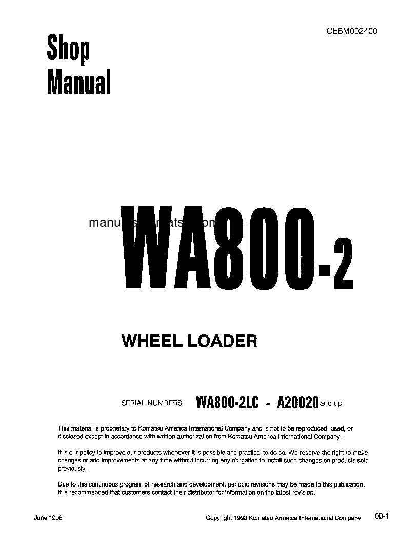 WA800-2(USA)-LC S/N A20020-UP Shop (repair) manual (English)