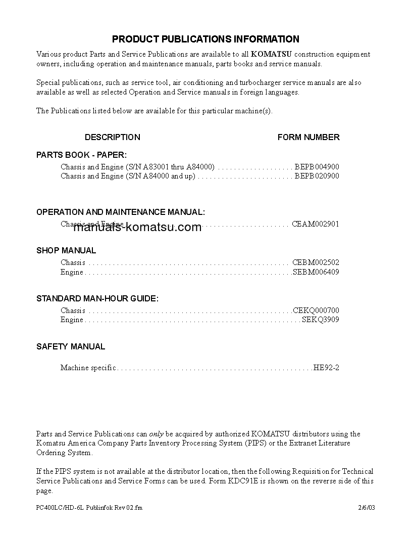 Protected: PC400LC-6(USA)-LK S/N A83001-A85000 Shop (repair) manual (English)