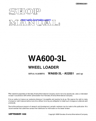 WA600-3(USA)-L S/N A52001-UP Shop (repair) manual (English)