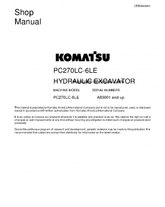 PC270LC-6(USA)-LE S/N A83001-UP Shop (repair) manual (English)