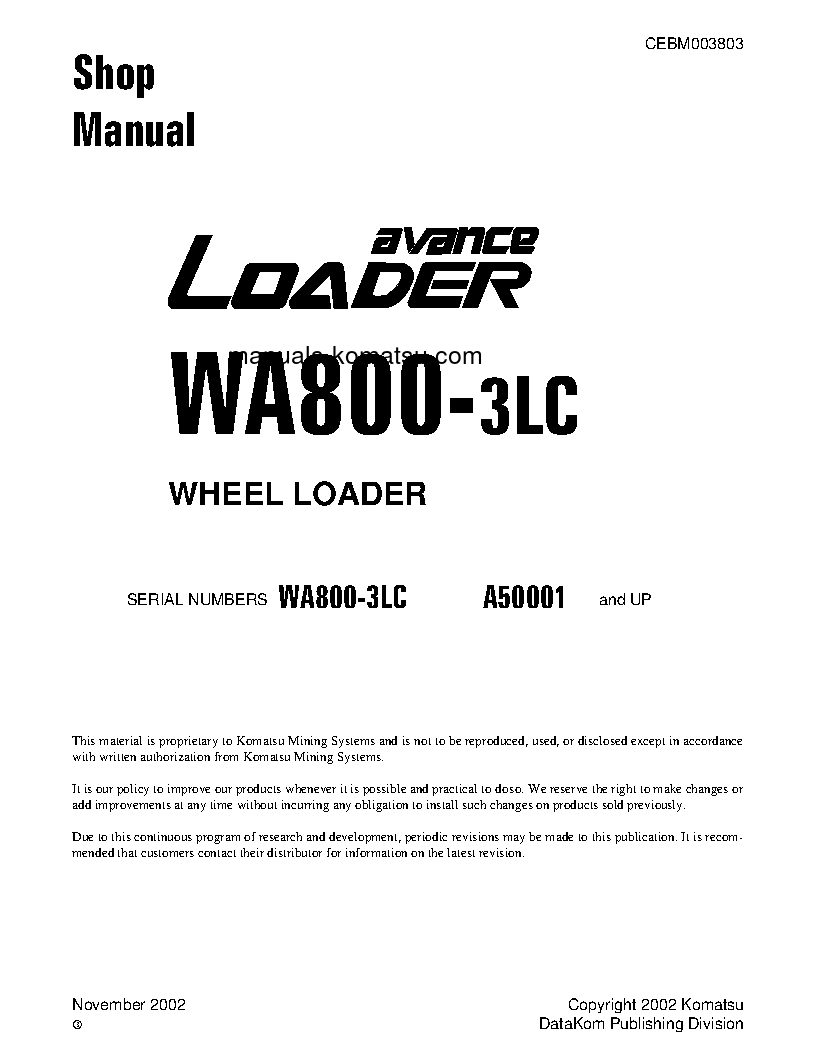 WA800-3(USA)-LC S/N A50001-UP Shop (repair) manual (English)