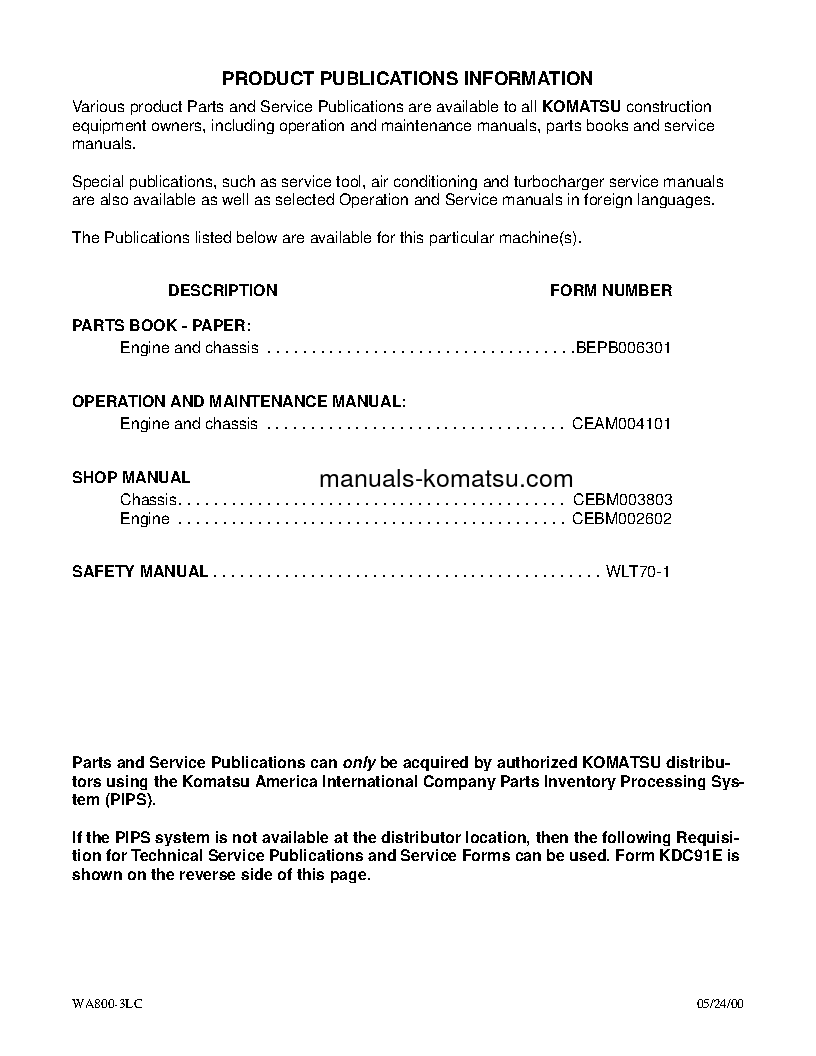 Protected: WA800-3(USA)-LC S/N A50001-UP Shop (repair) manual (English)