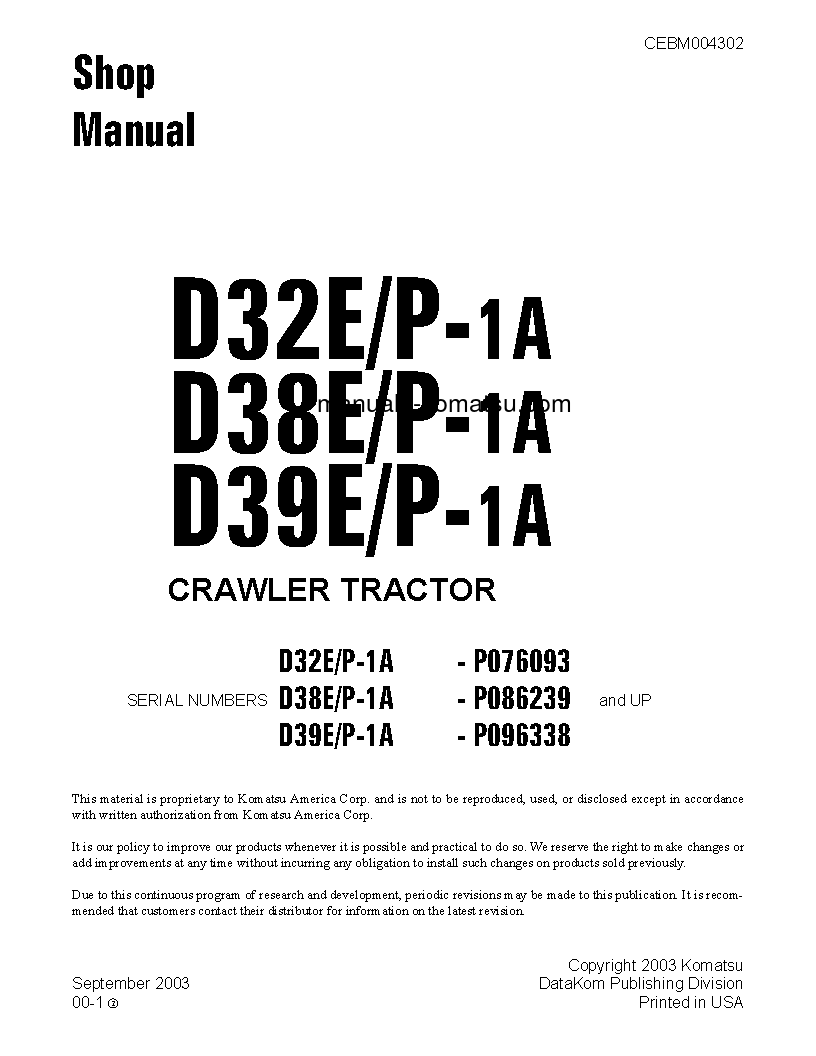 D38P-1(USA)-A S/N P086239-UP Shop (repair) manual (English)