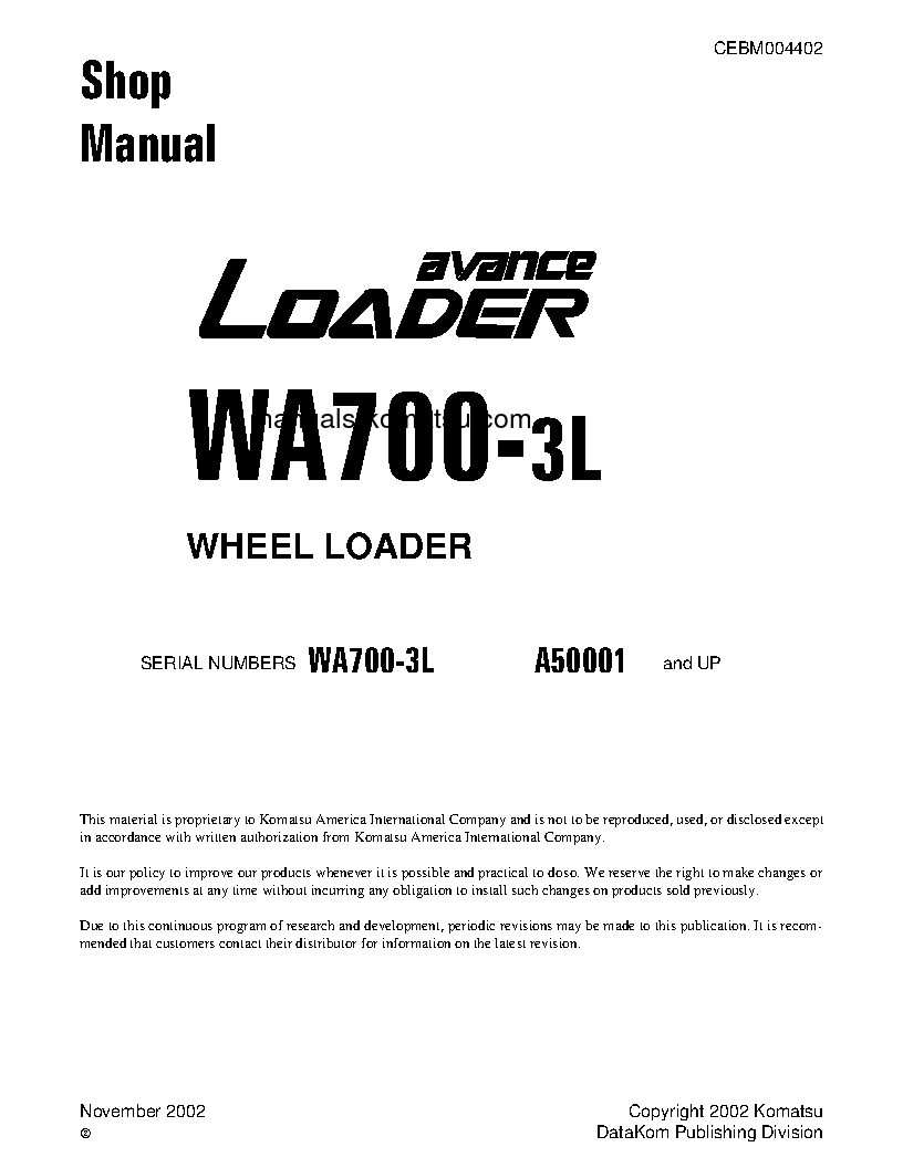 WA700-3(USA)-L S/N A50001-UP Shop (repair) manual (English)