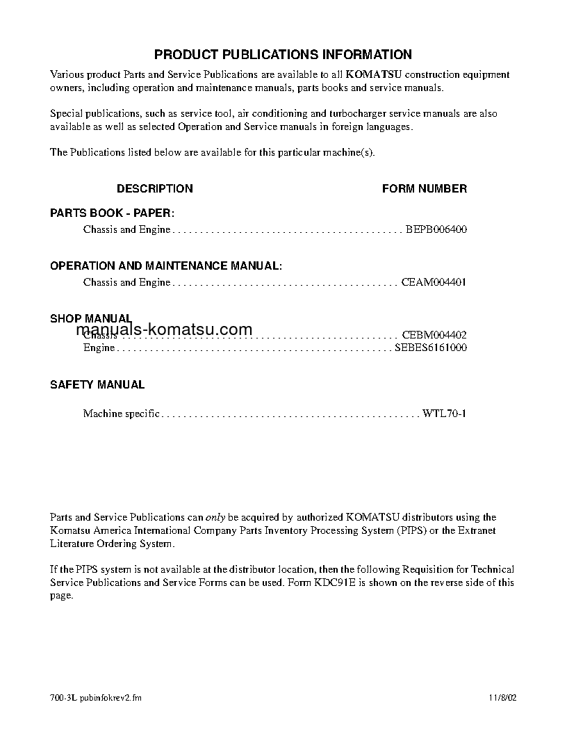 Protected: WA700-3(USA)-L S/N A50001-UP Shop (repair) manual (English)