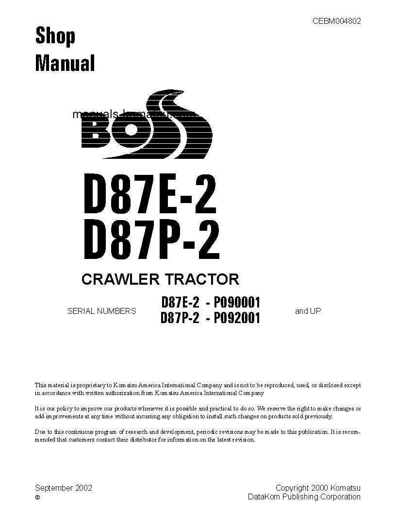 D87E-2(USA) S/N P090001-UP Shop (repair) manual (English)