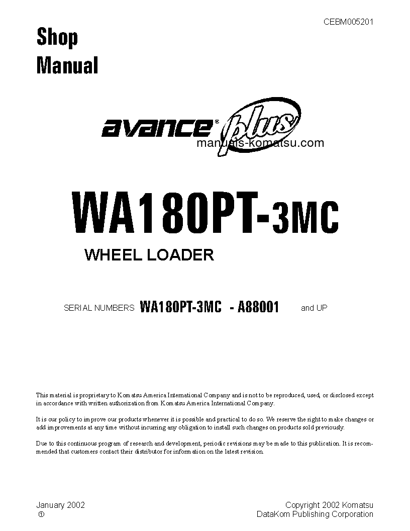 WA180PT-3(USA)-MC S/N A88001-UP Shop (repair) manual (English)