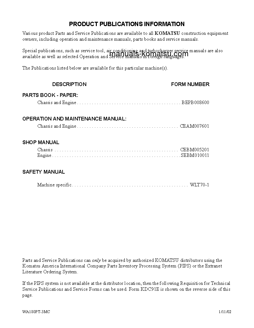 Protected: WA180PT-3(USA)-MC S/N A88001-UP Shop (repair) manual (English)