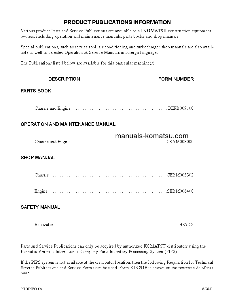Protected: PC400LC-6(USA)-LM S/N A85001-UP Shop (repair) manual (English)