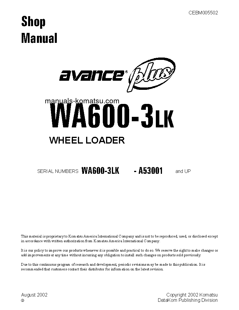 WA600-3(USA)-LK S/N A53001-UP Shop (repair) manual (English)