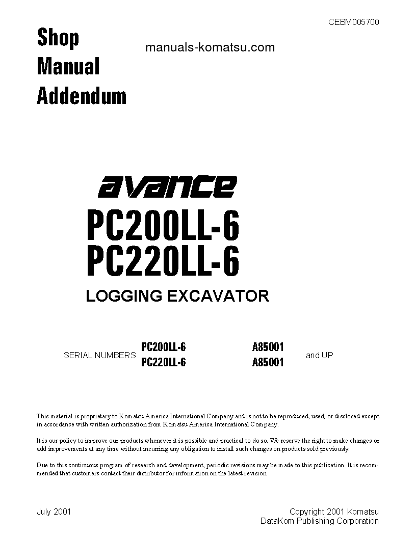 PC200LL-6(USA) S/N A85001-UP Shop (repair) manual (English)