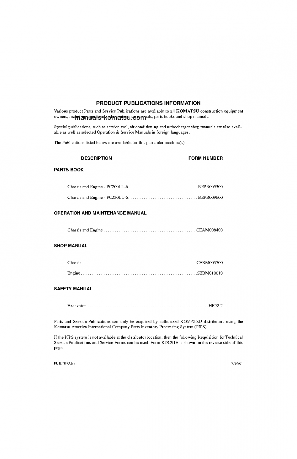 Protected: PC200LL-6(USA) S/N A85001-UP Shop (repair) manual (English)