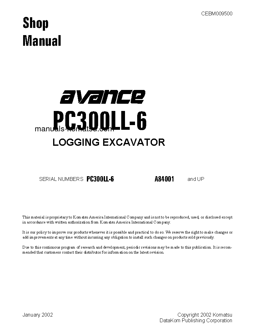 PC300LL-6(USA) S/N A84001-UP Shop (repair) manual (English)