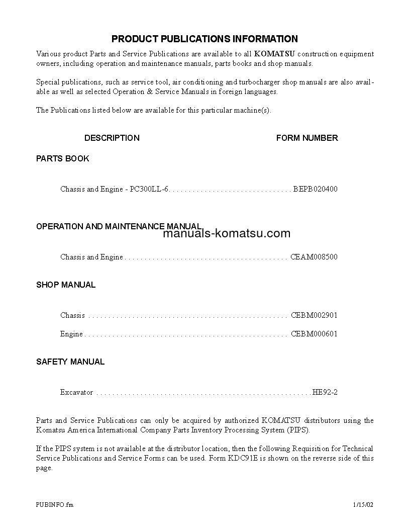 Protected: PC300LL-6(USA) S/N A84001-UP Shop (repair) manual (English)