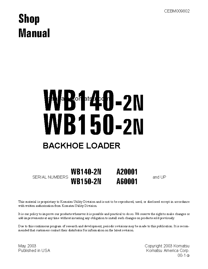 WB150-2(USA)-N S/N A60001-A60028 Shop (repair) manual (English)