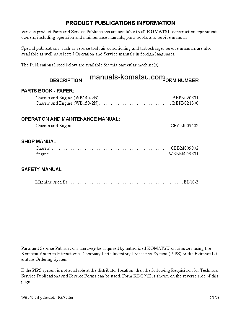 Protected: WB150-2(USA)-N S/N A60001-A60028 Shop (repair) manual (English)