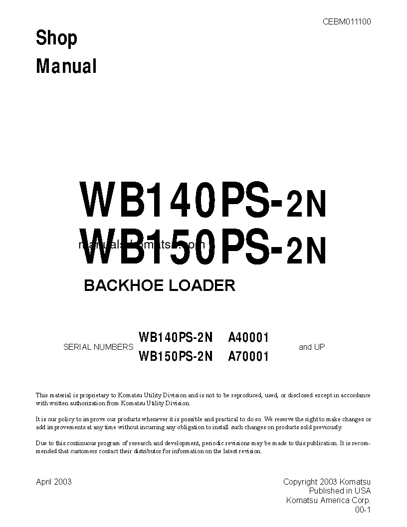 WB140PS-2(USA)-N S/N A40001-UP Shop (repair) manual (English)