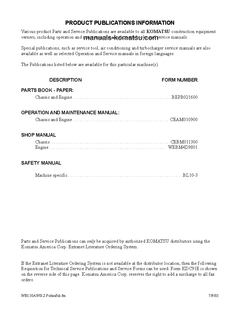 Protected: WB150AWS-2(USA)-N S/N A90001-UP Shop (repair) manual (English)