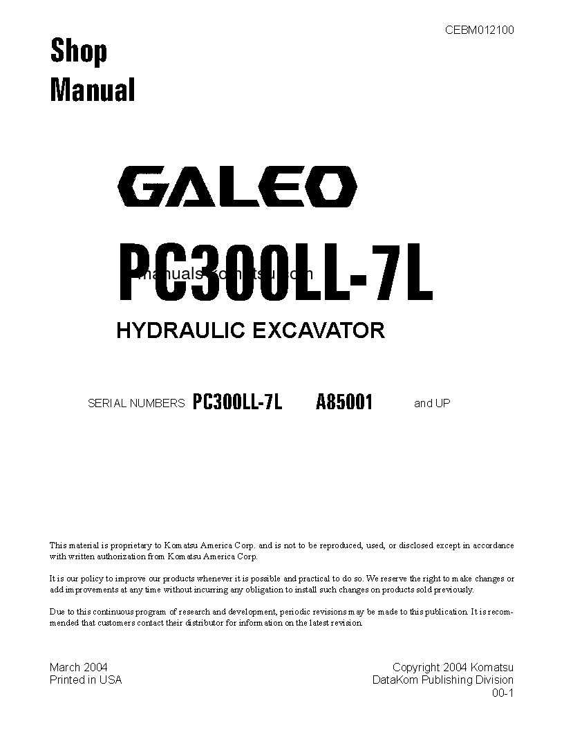 PC300LL-7(USA)-L S/N A85001-UP Shop (repair) manual (English)