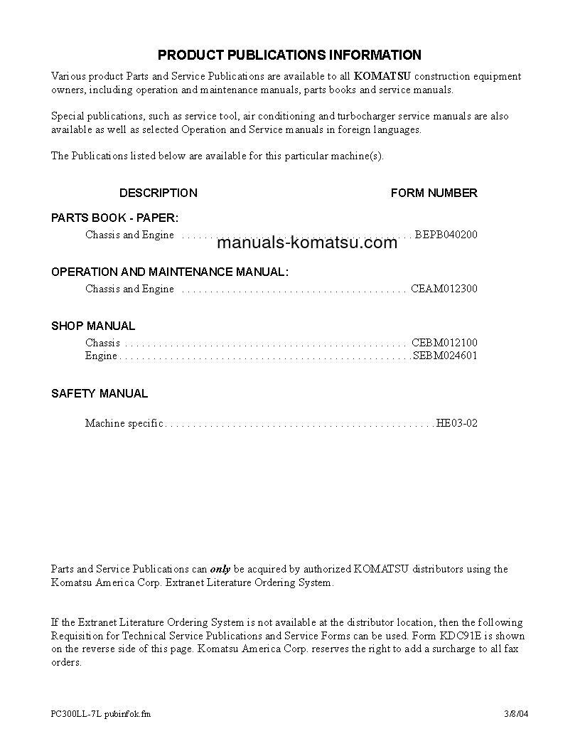 Protected: PC300LL-7(USA)-L S/N A85001-UP Shop (repair) manual (English)