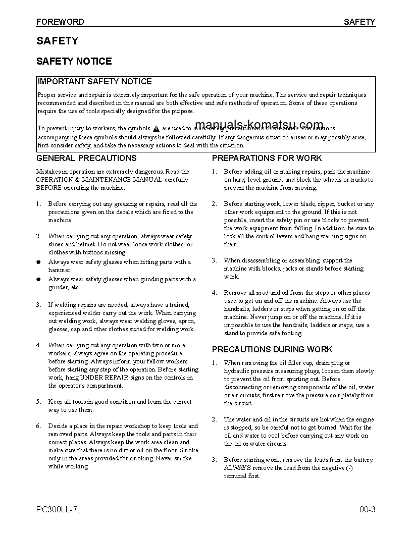 Protected: PC300LL-7(USA)-L S/N A85001-UP Shop (repair) manual (English)