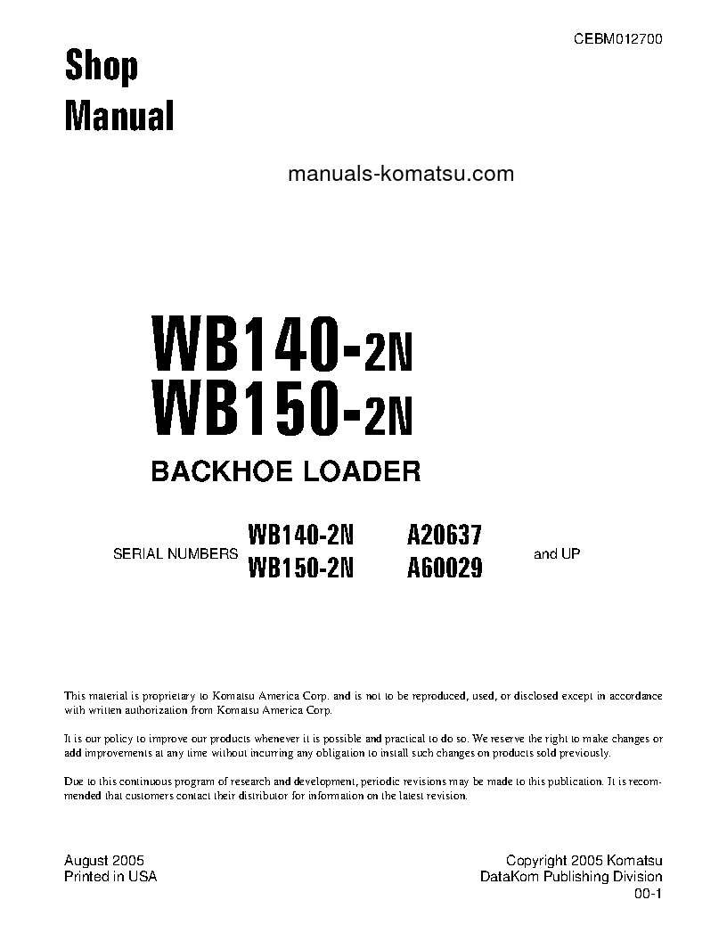 WB150-2(USA)-N S/N A60029-UP Shop (repair) manual (English)
