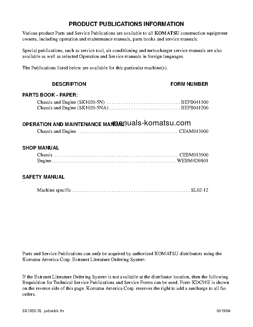 Protected: SK1020-5(USA)-NA S/N A60001-UP Shop (repair) manual (English)
