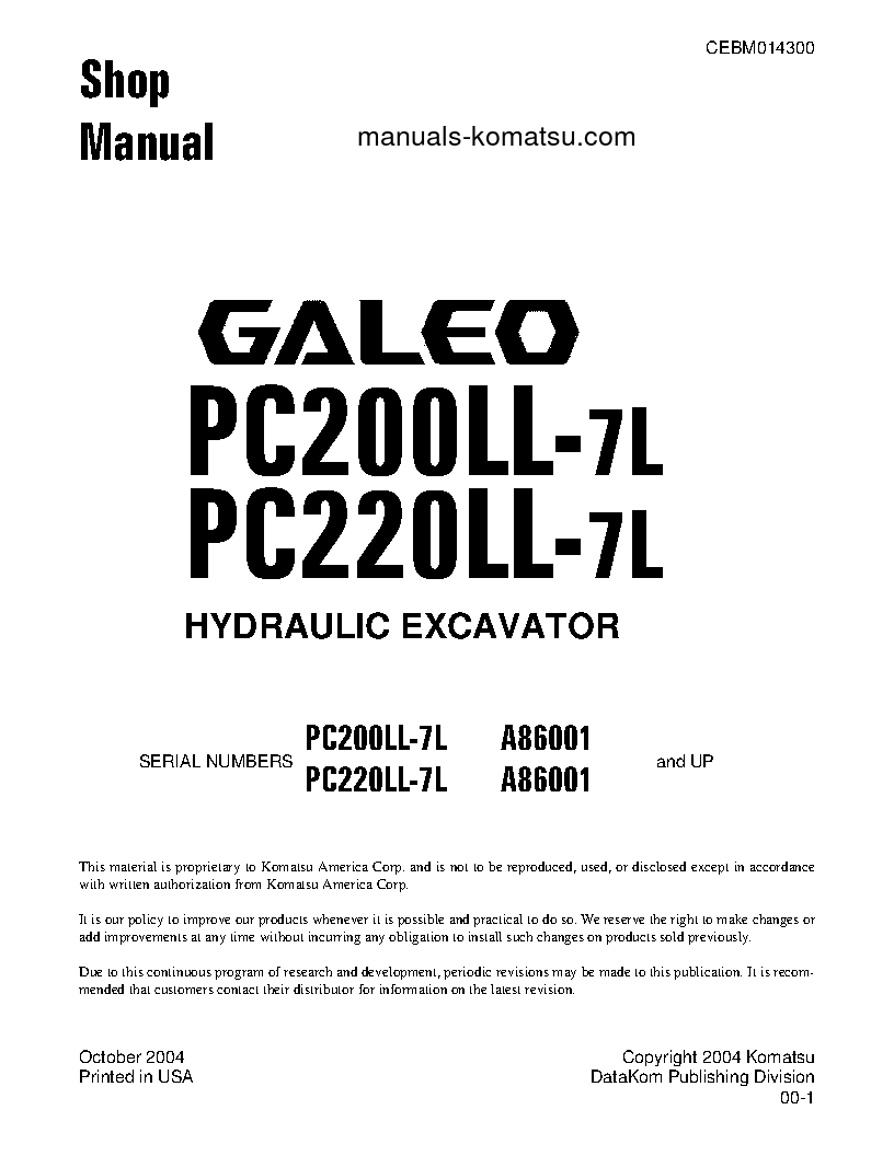 PC220LL-7(USA)-L S/N A86001-UP Shop (repair) manual (English)