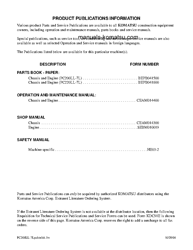 Protected: PC220LL-7(USA)-L S/N A86001-UP Shop (repair) manual (English)