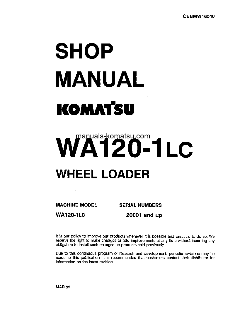 WA120-1(USA)-LC S/N A20001-UP Shop (repair) manual (English)