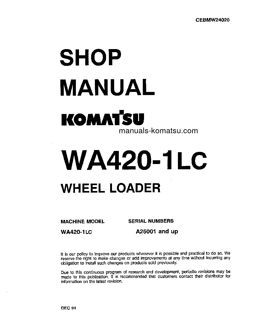 WA420-1(JPN)-LC S/N A25001-UP Shop (repair) manual (English)