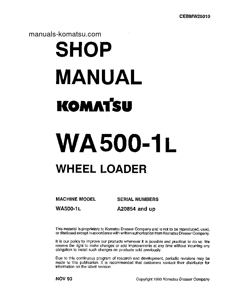WA500-1(USA)-L S/N A20854-UP Shop (repair) manual (English)
