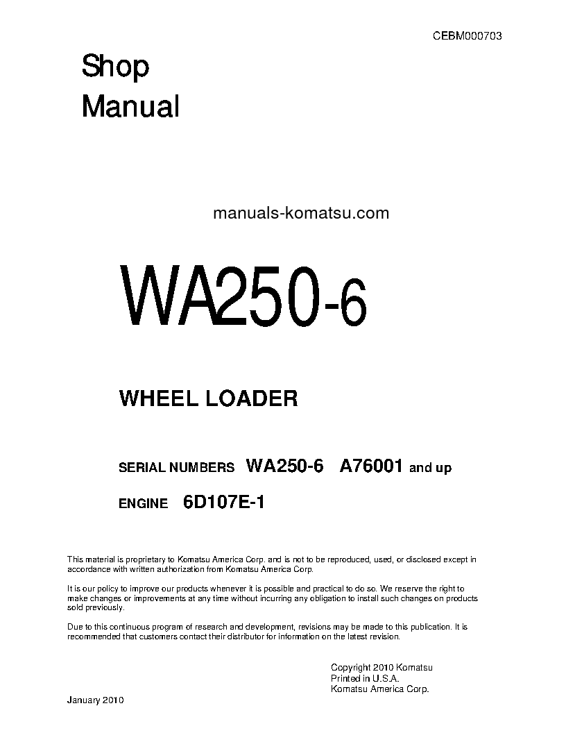 WA250-6(USA) S/N A76001-UP Shop (repair) manual (English)