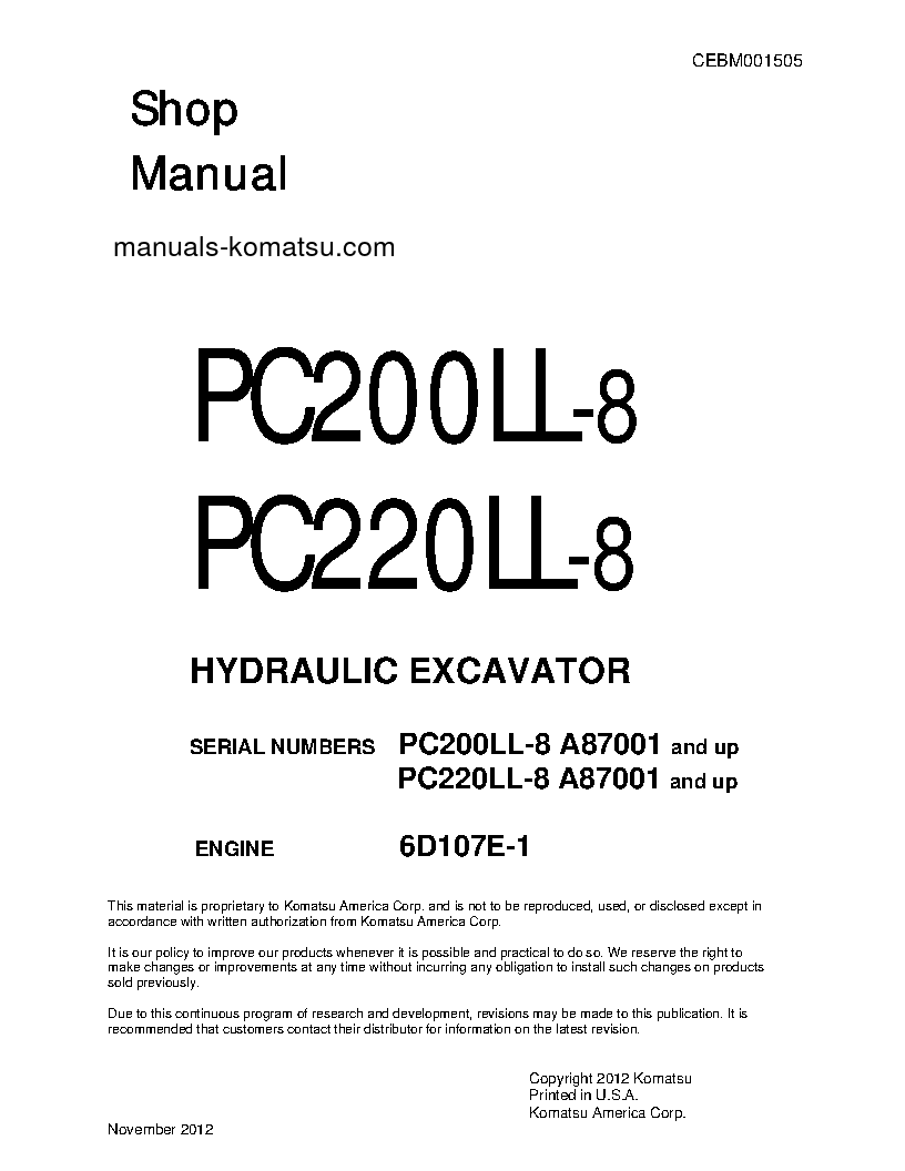 PC220LL-8(USA) S/N A87001-UP Shop (repair) manual (English)
