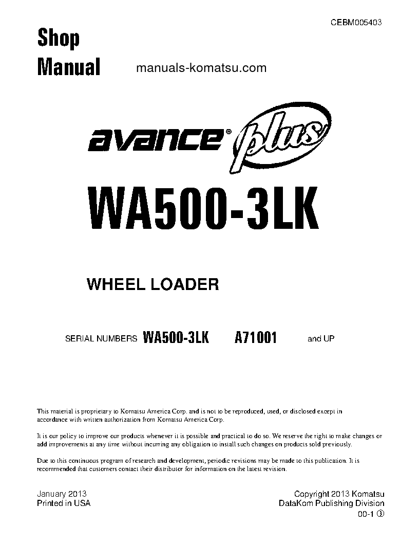 WA500-3(USA)-LK S/N A71001-UP Shop (repair) manual (English)