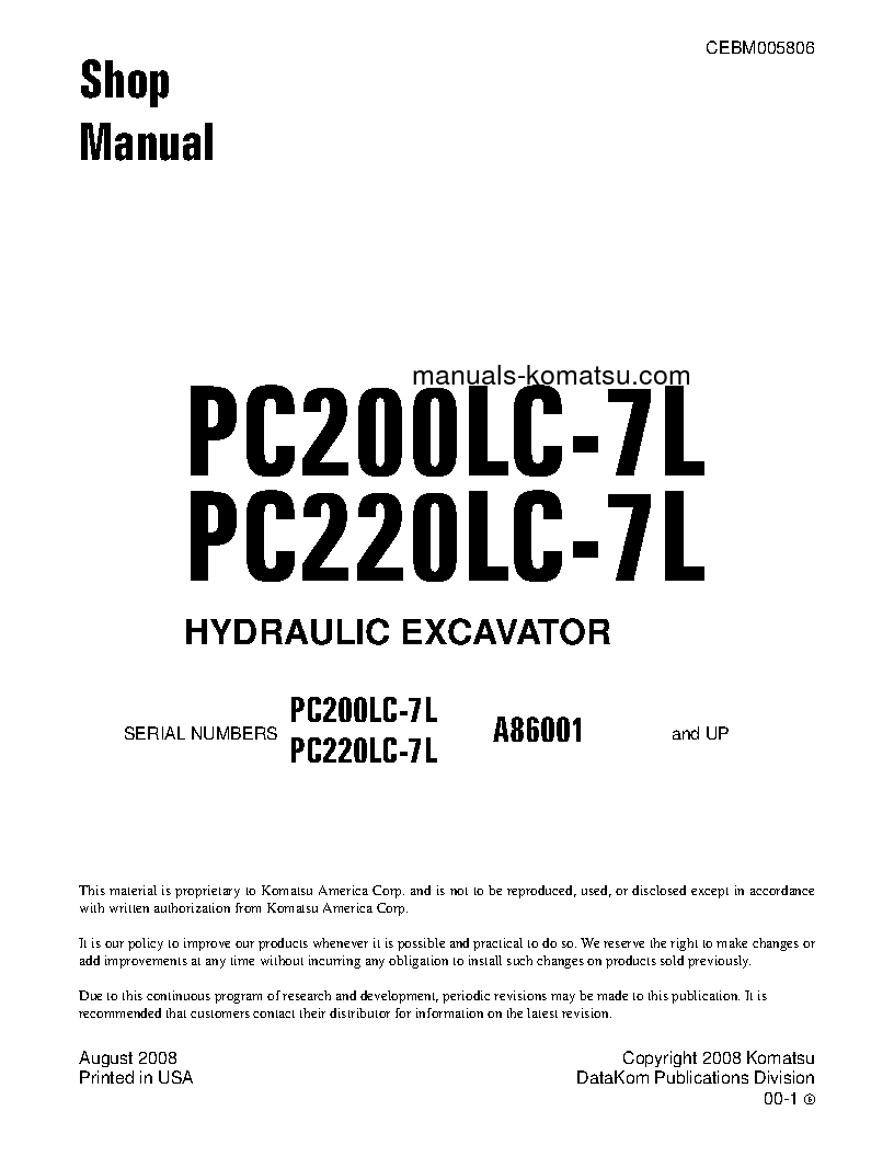 PC220LC-7(USA)-L S/N A86001-UP Shop (repair) manual (English)
