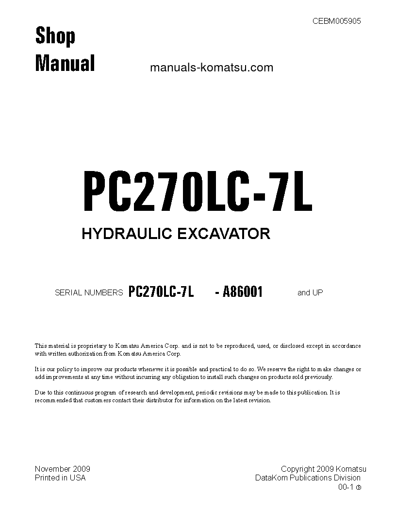 PC270LC-7(USA)-L S/N A86001-UP Shop (repair) manual (English)