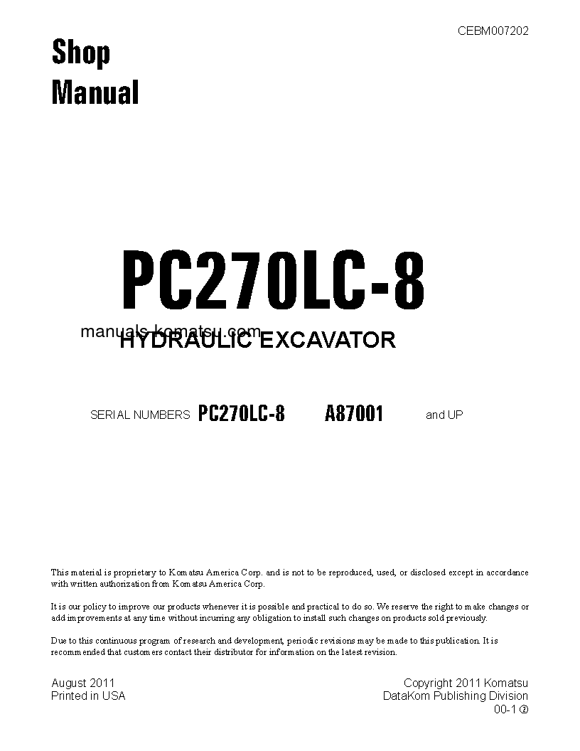 PC270LC-8(USA) S/N A87001-UP Shop (repair) manual (English)