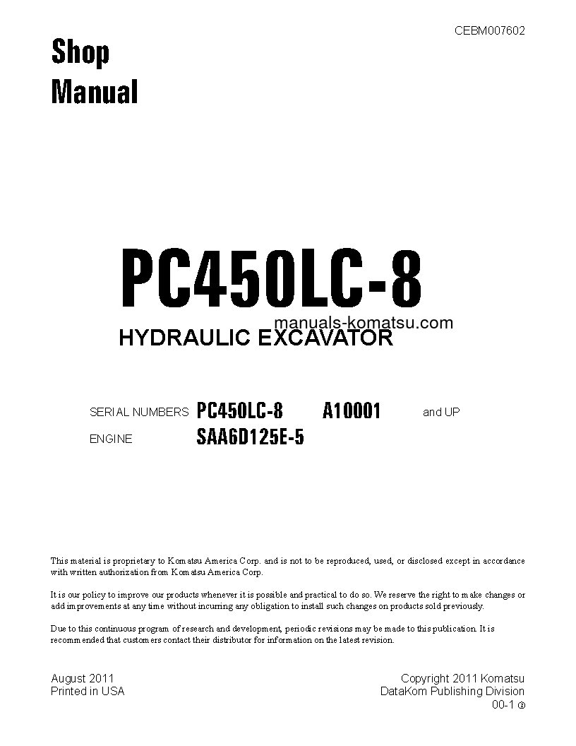 PC450LC-8(USA) S/N A10001-UP Shop (repair) manual (English)