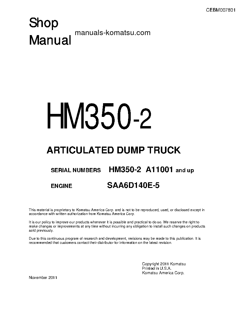 HM350-2(USA) S/N A11001-UP Shop (repair) manual (English)
