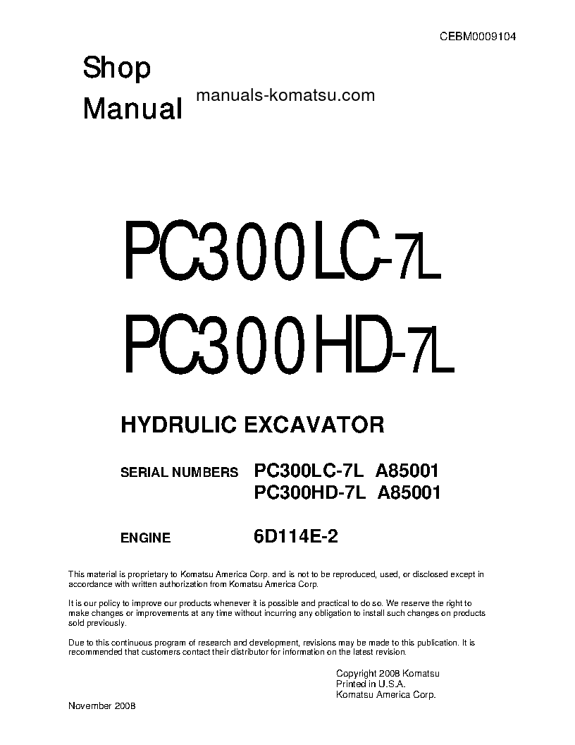 PC300HD-7(USA)-L S/N A85001-UP Shop (repair) manual (English)