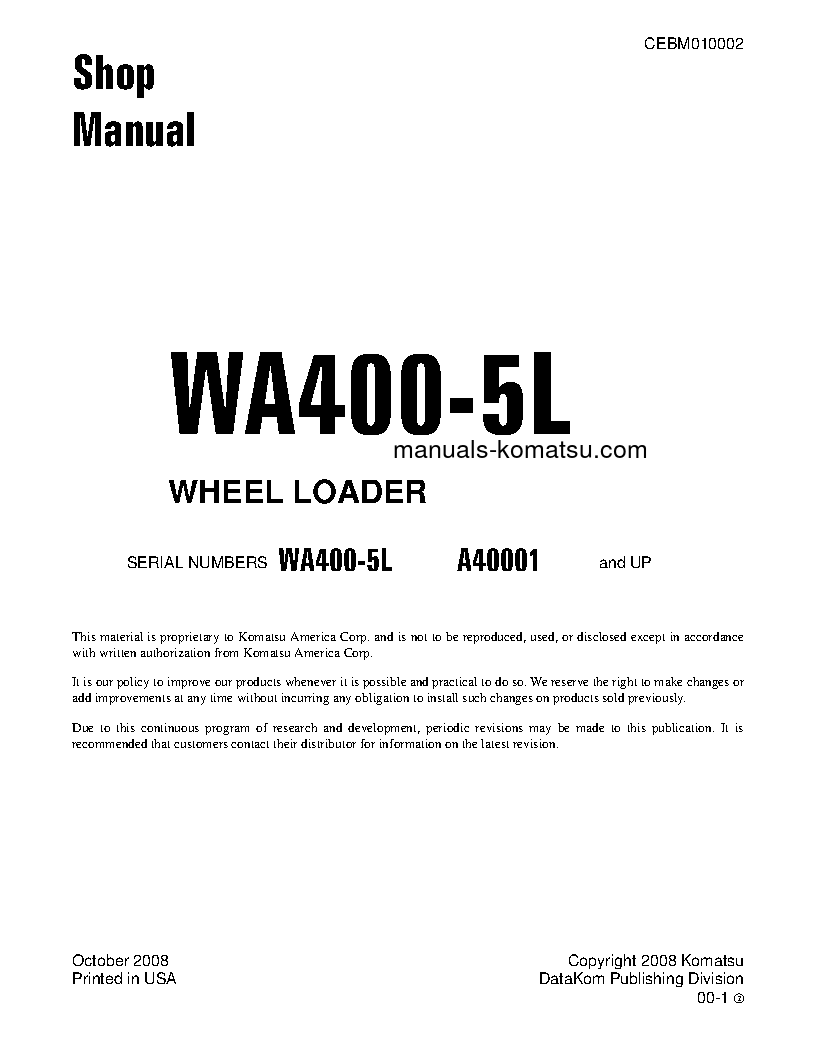 WA400-5(USA)-L S/N A40001-UP Shop (repair) manual (English)