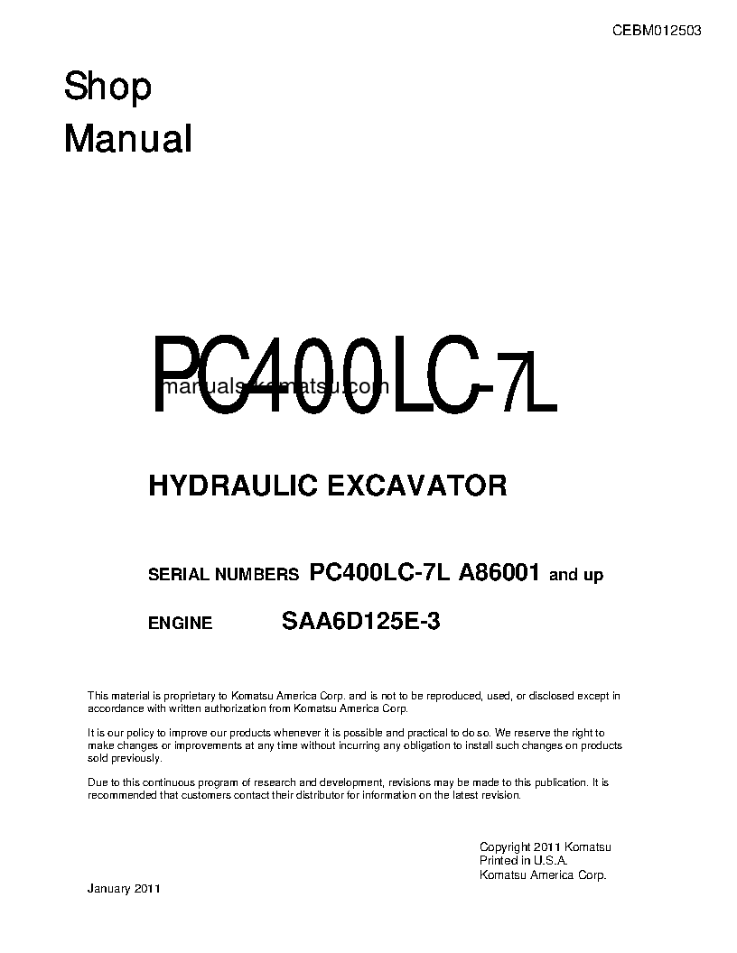 PC400LC-7(USA)-L S/N A86001-UP Shop (repair) manual (English)