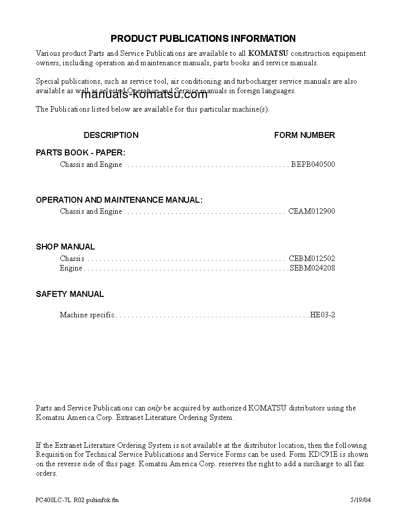 Protected: PC400LC-7(USA)-L S/N A86001-UP Shop (repair) manual (English)